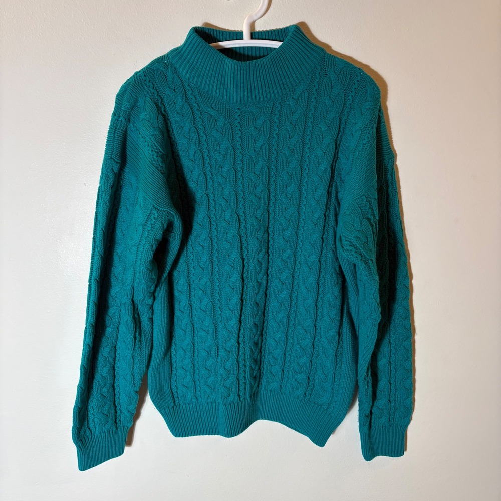 Vintage Carriage Court Teal Cable Knit Mock Neck Sweater Size Medium